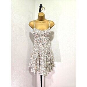 NWT Babydoll Ruched Cream Floral Sleeveless Dress Womens Small Y2K Cottage Fairy